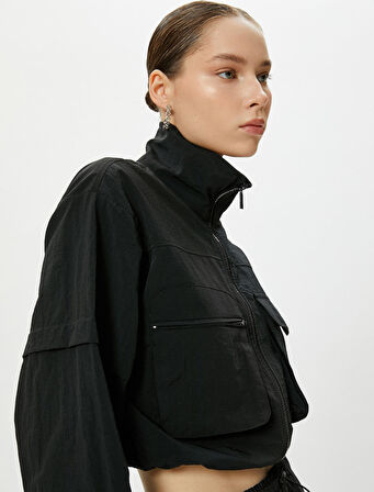 Fermuarlı Paraşüt Mevsimlik Ceket Dik Yaka Kapaklı Çift Cep Detaylı 