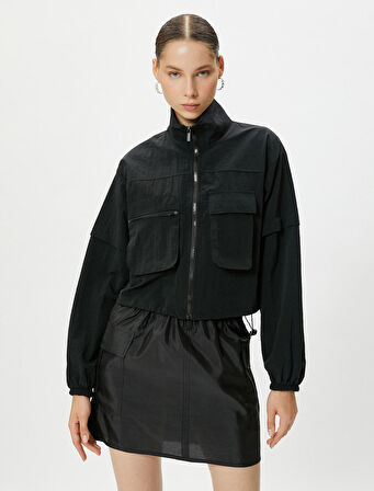 Fermuarlı Paraşüt Mevsimlik Ceket Dik Yaka Kapaklı Çift Cep Detaylı 