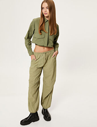 Paraşüt Kumaş Crop Gömlek Uzun Kollu Kapaklı Cep Detaylı Beli Lastikli