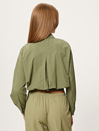 Paraşüt Kumaş Crop Gömlek Uzun Kollu Kapaklı Cep Detaylı Beli Lastikli