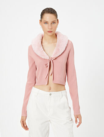 Suni Kürk Yaka Triko Hırka Önü Bağlamalı Uzun Kollu