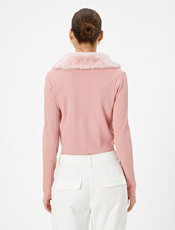 Suni Kürk Yaka Triko Hırka Önü Bağlamalı Uzun Kollu