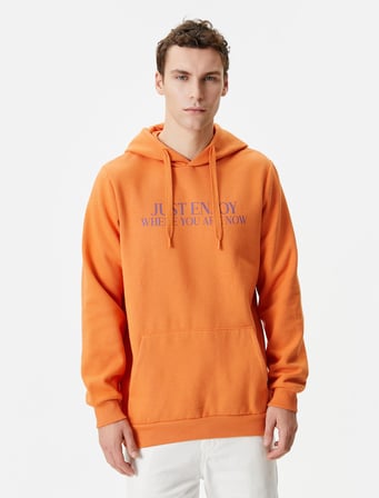 Slogan Baskılı Hoodie Kanguru Cep Detaylı Uzun Kollu