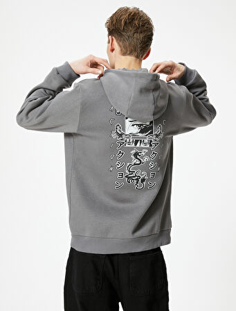 Arkası Baskılı Hoodie Uzakdoğu Temalı Kanguru Cep Detaylı