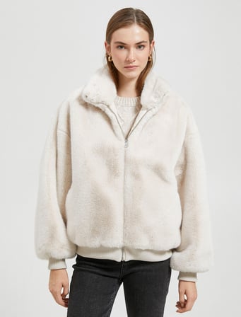 Oversize Peluş Kaban Dik Yaka Fermuarlı Ribanalı