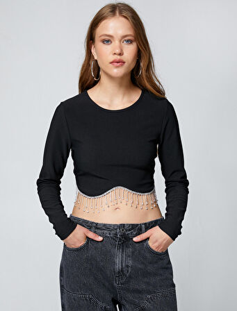 Parlak Taşlı Tişört Crop Uzun Kollu Fitilli Bisiklet Yaka