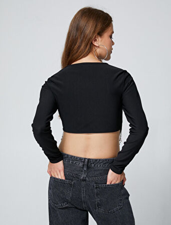 Parlak Taşlı Tişört Crop Uzun Kollu Fitilli Bisiklet Yaka