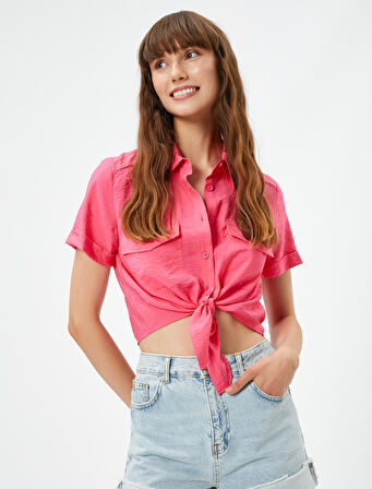 Önden Bağlamalı Gömlek Kısa Kollu Cepli Viskon Karışımlı