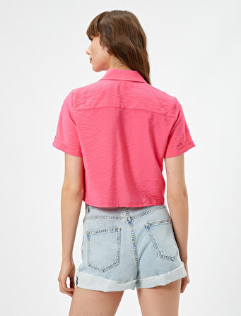 Önden Bağlamalı Gömlek Kısa Kollu Cepli Viskon Karışımlı