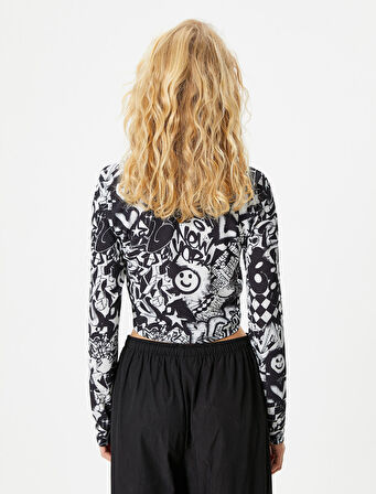 Uzun Kollu Tişört Grafiti Baskılı Bisiklet Yaka