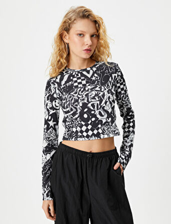 Uzun Kollu Tişört Grafiti Baskılı Bisiklet Yaka