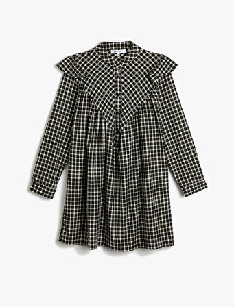 Mini Gömlek Elbise Fırfırlı Yumuşak Dokulu Uzun Kollu Dik Yaka Yarım Düğmeli