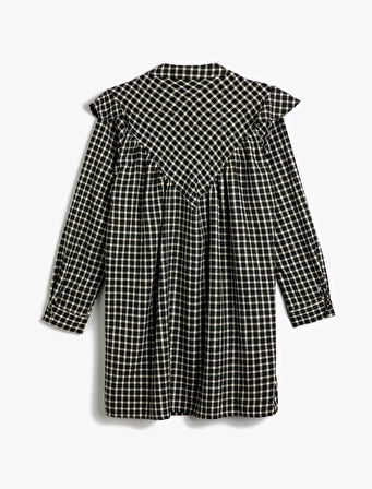 Mini Gömlek Elbise Fırfırlı Yumuşak Dokulu Uzun Kollu Dik Yaka Yarım Düğmeli