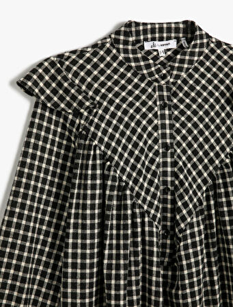 Mini Gömlek Elbise Fırfırlı Yumuşak Dokulu Uzun Kollu Dik Yaka Yarım Düğmeli