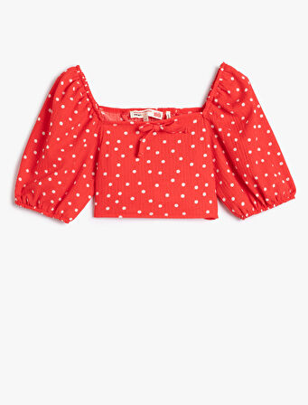 Balon Kollu Crop Bluz Puantiyeli Dar Kalıp Fiyonk Detaylı