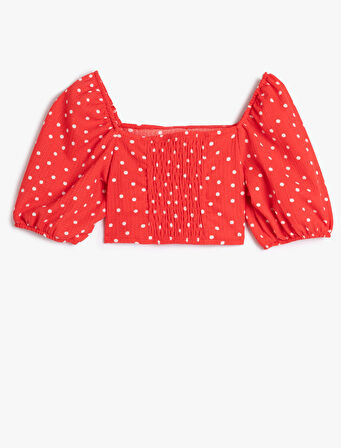 Balon Kollu Crop Bluz Puantiyeli Dar Kalıp Fiyonk Detaylı