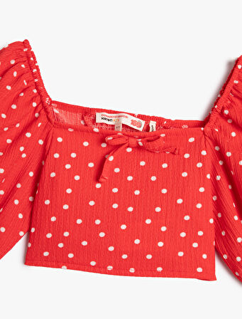 Balon Kollu Crop Bluz Puantiyeli Dar Kalıp Fiyonk Detaylı