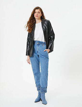 Beli Lastikli Yüksek Bel Kot Pantolon - Baggy Jean