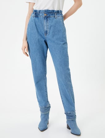 Beli Lastikli Yüksek Bel Kot Pantolon - Baggy Jean