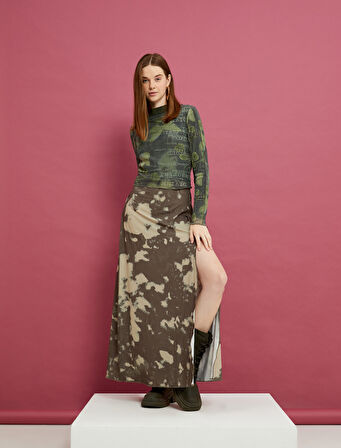 Transparan Bluz Astarlı Uzun Kollu Düz Yaka Baskılı