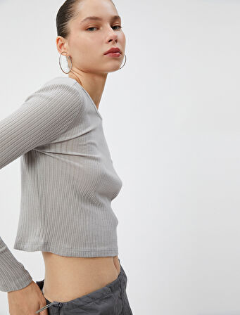 Bluz Uzun Kollu Bisiklet Yaka Dokulu Pamuklu