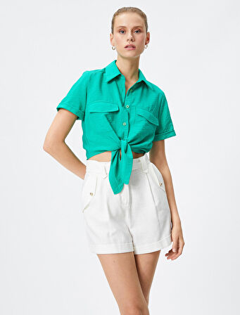 Önden Bağlamalı Gömlek Kısa Kollu Cepli Viskon Karışımlı
