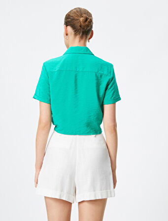 Önden Bağlamalı Gömlek Kısa Kollu Cepli Viskon Karışımlı