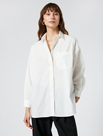 Oversize Gömlek Uzun Kollu Cep Detaylı Düğmeli Pamuklu