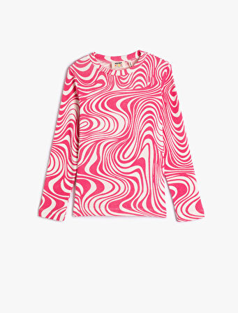 Crop Uzun Kollu Tişört Bisiklet Yaka Soyut Desenli