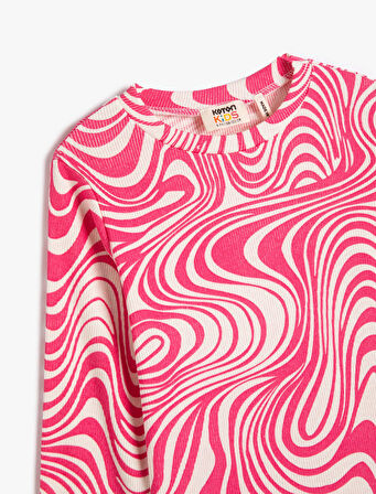 Crop Uzun Kollu Tişört Bisiklet Yaka Soyut Desenli