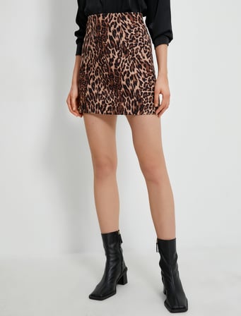 Mini Etek Leopar Desenli Yüksek Bel
