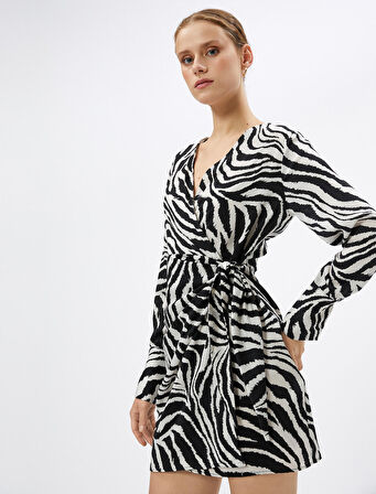 Zebra Desenli Elbise Mini Anvelop Uzun Kollu V Yaka
