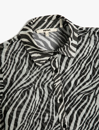 Crop Gömlek Zebra Desenli Düğmeli Klasik Yaka