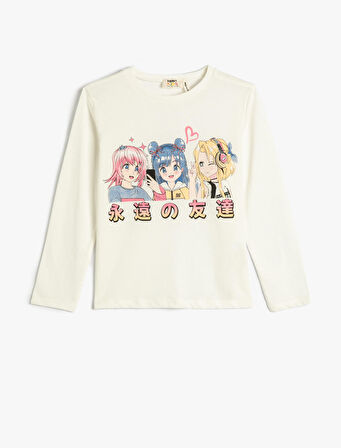 Tişört Uzun Kollu Anime Baskılı Bisiklet Yaka Pamuklu