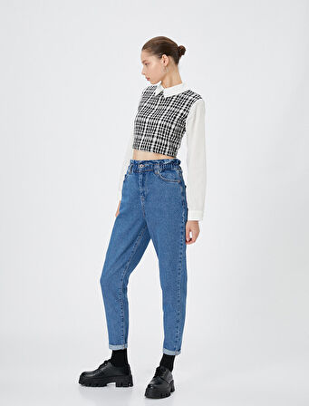 Mom Jean Yüksek Bel Katlamalı Paça Pamuklu Cepli - Mom Jeans