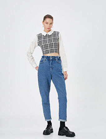 Mom Jean Yüksek Bel Katlamalı Paça Pamuklu Cepli - Mom Jeans