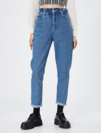 Mom Jean Yüksek Bel Katlamalı Paça Pamuklu Cepli - Mom Jeans