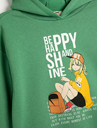 Kapşonlu Sweatshirt Anime Baskılı Uzun Kollu Şardonlu 