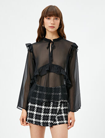 Şifon Gömlek Fırfırlı Bağlama Detaylı Uzun Kollu