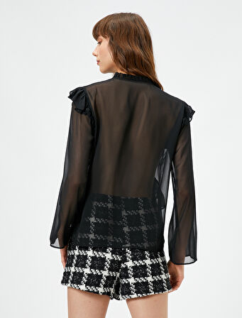 Şifon Gömlek Fırfırlı Bağlama Detaylı Uzun Kollu