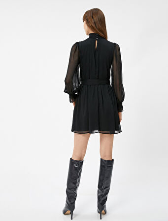 Mini Şifon Elbise Balon Kollu Gipeli Dik Yaka Astarlı