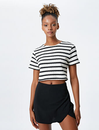 Crop Tişört Kısa Kollu Bisiklet Yaka Dokulu