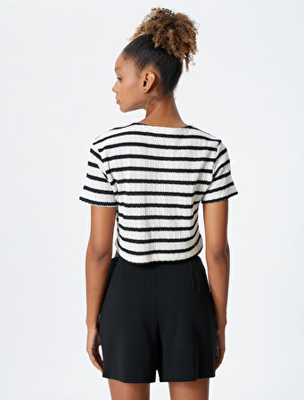 Crop Tişört Kısa Kollu Bisiklet Yaka Dokulu