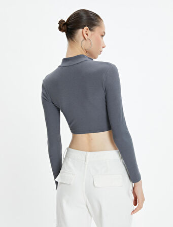 Crop Fermuarlı Tişört Uzun Kollu Çizgili Dik Yaka Dar Kalıp