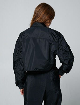 Crop Gömlek Uzun Kollu Cep Detaylı Manşetleri Lastikli