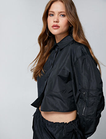 Crop Gömlek Uzun Kollu Cep Detaylı Manşetleri Lastikli