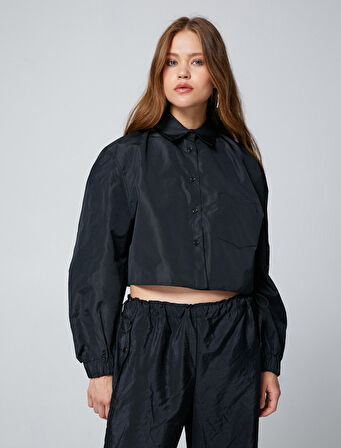 Crop Gömlek Uzun Kollu Cep Detaylı Manşetleri Lastikli