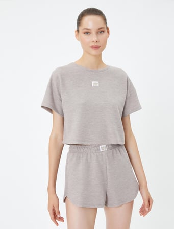 Crop Pijama Üst Dokulu Kısa Kollu Bisiklet Yaka 