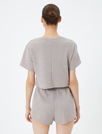Crop Pijama Üst Dokulu Kısa Kollu Bisiklet Yaka 