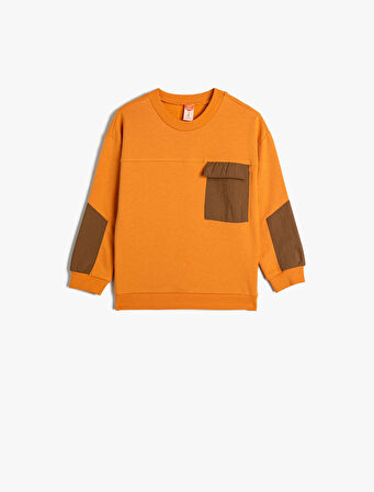 Sweatshirt Uzun Kollu Bisiklet Yaka Cep Detaylı Şardonlu Pamuklu 